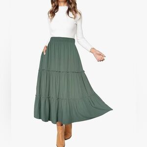 Green Ruffle Swing Maxi Skirt with pockets